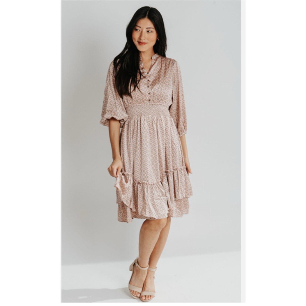 Polagram The Delling Patterned Dress in Dusty Salmon Size M Satin Smocked A47
